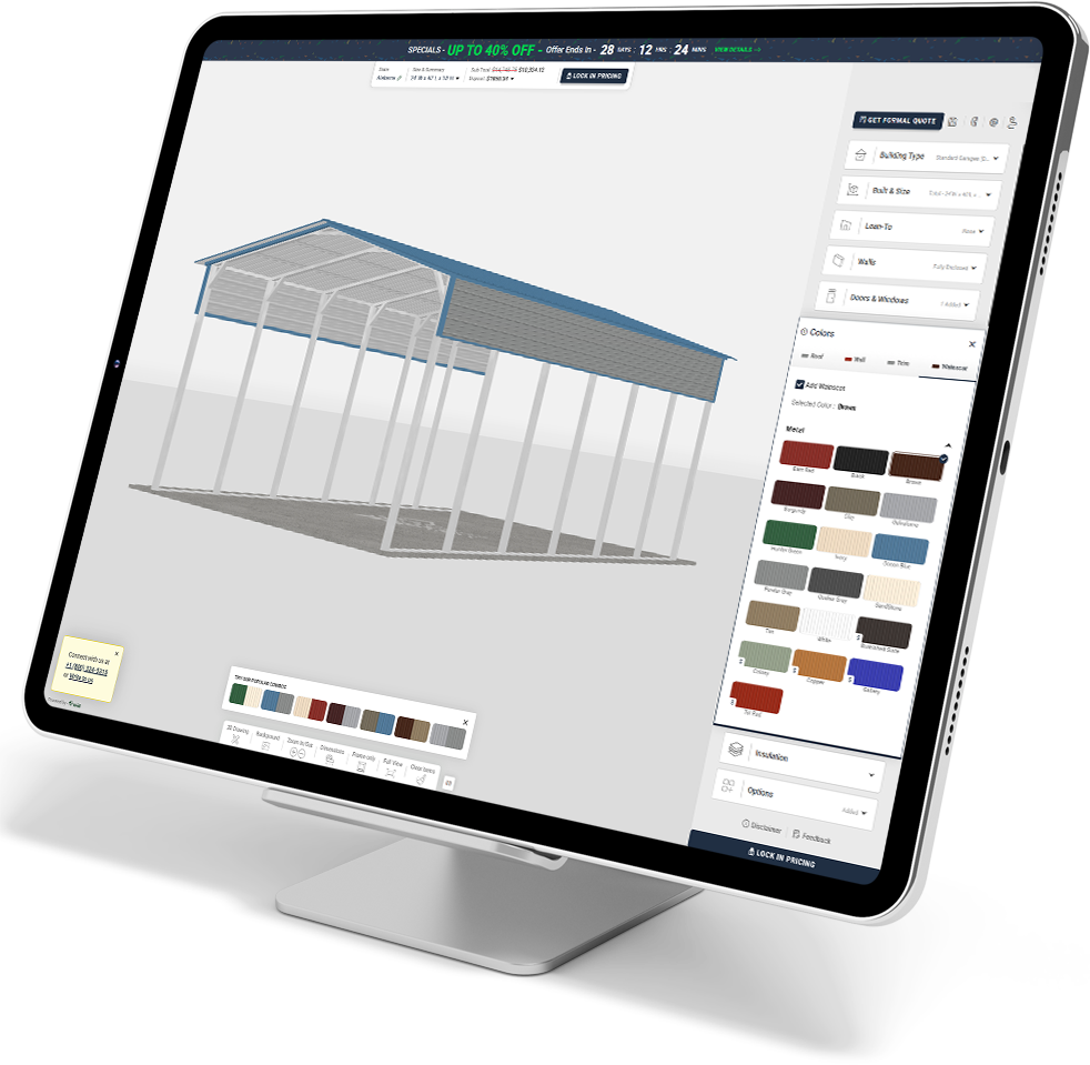 Design your 18' x 36' vertical roof style metal RV cover in our 3D designer